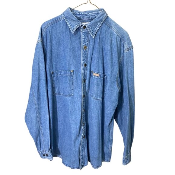Vintage Carhartt  Chambray Shirt Large Blue Denim Button-Up With Dual Pockets - Picture 1 of 10